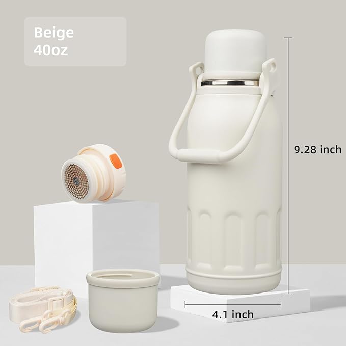 Insulated Water Bottle with Handle and Strap,Vacuum Travel Tumbler with Cup Lid,Thermo Coffee Cup for Hot Cold Drinks 40 OZ,Beige