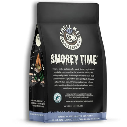 Bones Coffee Company S'morey Time, S'mores and Graham Crackers Flavored Coffee, Medium Roast Low Acid Arabica Beans Compatible with Auto drip and French Press Coffee Maker, 12 Oz Whole Bean