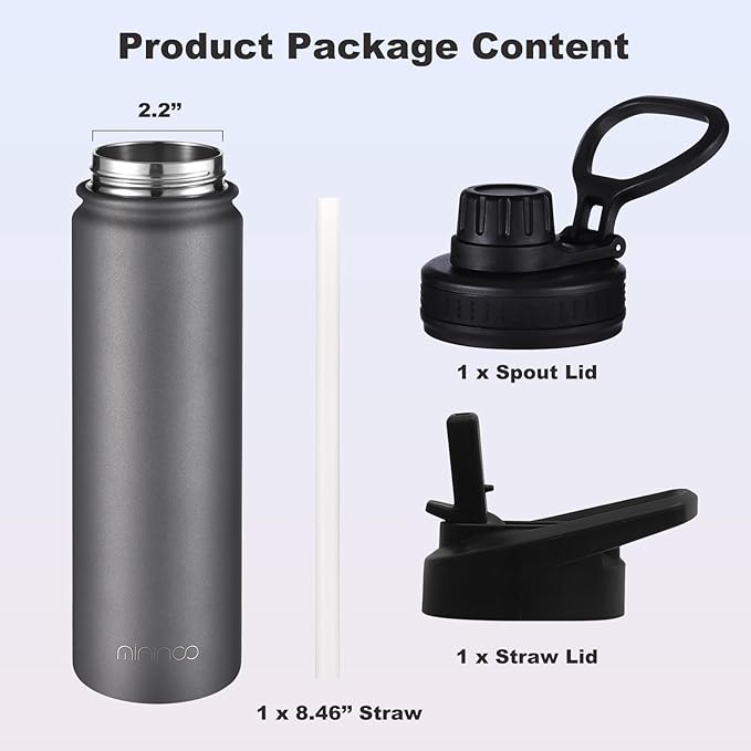 mininoo 24 oz Insulated Water Bottle with Straw Lid, Stainless Steel Double Wall Vacuum, Leak Proof, BPA Free, Keep Cold for 24H & Hot for 12H(Grey)