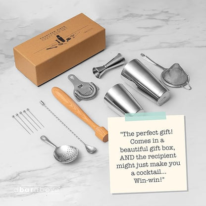 A Bar Above 14-Piece Stainless Steel Bartender Kit, Premium Professional Barware Set for Home Bars and Mixologists, Includes Cocktail Shaker, Jigger, Spoon, Strainers, Muddler, Picks, and More
