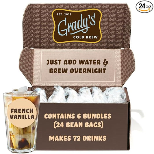 GRADY’S COLD BREW, French Vanilla, 100% Arabica Ground Coffee & Chicory Pouches | SIX Bundles of 4 Easy-to-Brew Bean Bags, Makes 72 drinks