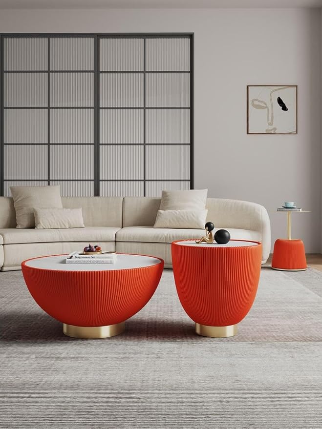 Manhattan Comfort Modern Anderson Coffee Table, 1.0 & 2.0 End Table, Upholstered in Orange Leatherette with Ceramic Faux Tabletop and Gold Metal Tabletop- Set of 3