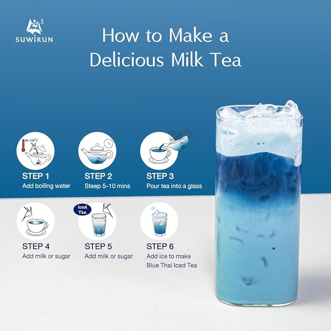 Suwirun Organic Blue Thai Tea 25 Bags – Naturally Blue Butterfly Pea Tea – Floral Aroma with Vanilla & Green Tea – Great for Hot, Iced & Milk Tea