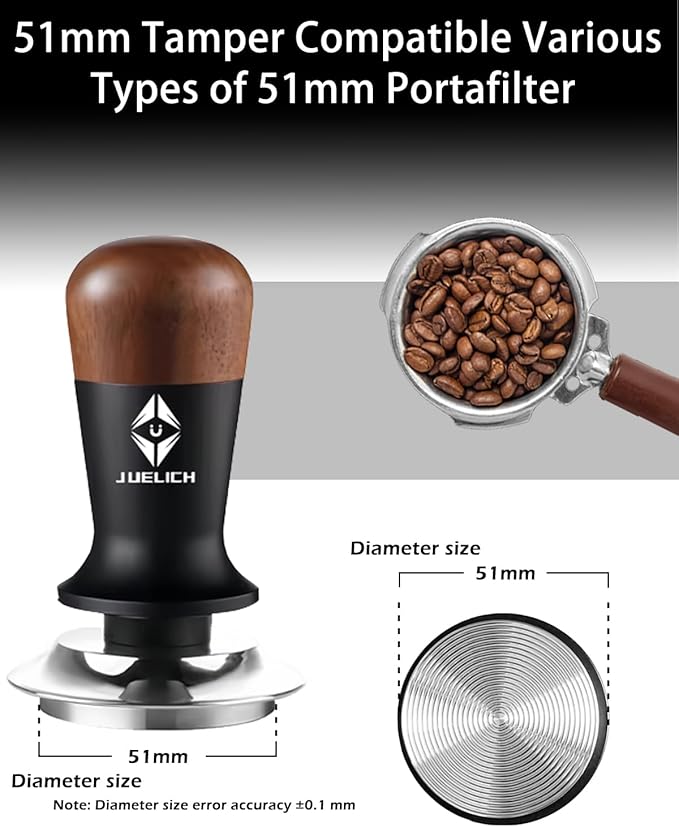 51mm Coffee Tamper with Wooden Handle –Spring Loaded Espresso Tamper, Stainless Steel Coffee Distributor, Classic Series Barista Hand Tool (51mm)