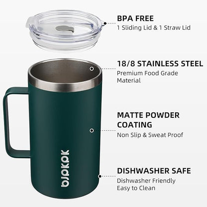 BJPKPK Insulated Coffee Mug with 2 Lids, 25oz Stainless Steel Insulated Tumbler with Handle, Double Wall Vacuum Coffee Cups, BPA Free Travel Mug for Coffee, Tea and Drinks, Army Green