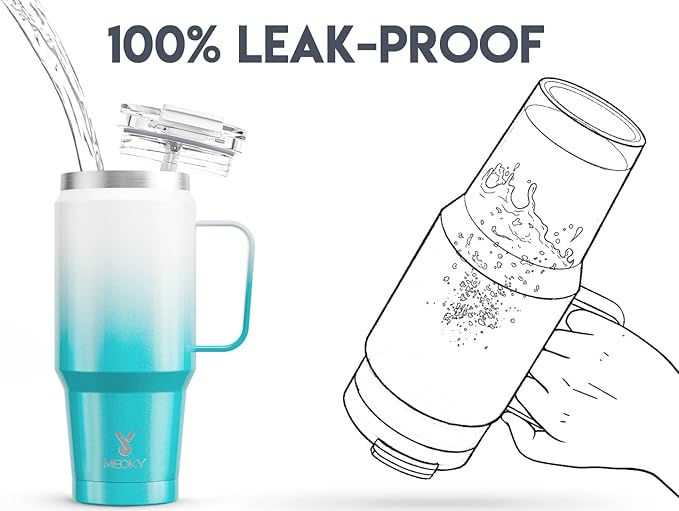 Meoky 32 oz Tumbler with Handle, Insulated Tumbler with Lid and Straw, Stainless Steel Travel Mug, 100% Leak Proof, Keeps Cold for 24 Hours or Hot for 8 Hours, Fits in Car Cup Holder (Azure)