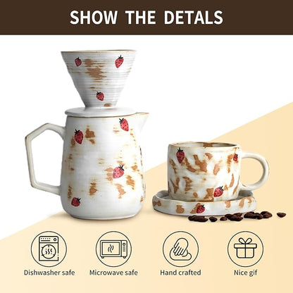 Handcrafted Pour Over Coffee Maker Set with Coffee Cup with Strawberry Pattern 20 Count Paper Filter V60 Drip Coffee Maker 20 oz Coffee Dripper (Strawberry)