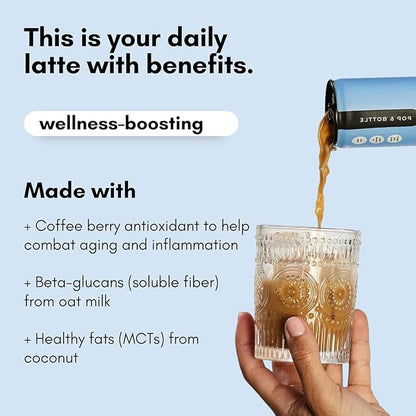 Pop & Bottle, Classic and Matcha Oat Milk Lattes - Reishi and Maitake Mushrooms, Green Tea, Cold Brew, Coffee Berry, MCT Oil, Organic, Dairy & Gluten Free, Vegan - 8 Fl Oz, (Pack of 12), 6 Each