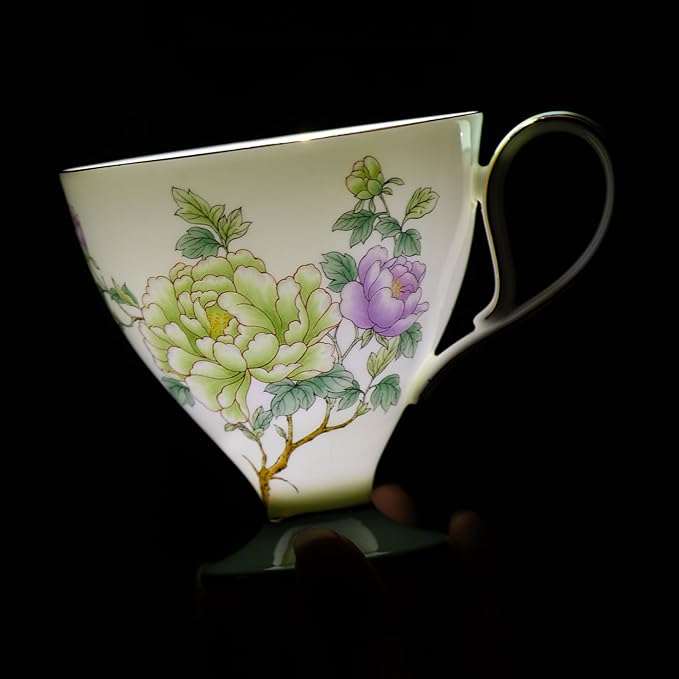 KAMMAK Ceramic Coffee Cups Saucers Set of 2, Porcelain Espresso Cups with Saucers, 8.12 oz Handcrafted Elegant Bone China Tea Cups, Purple Purple & Mint Green Flower Teacup for Party, Office, Gift
