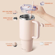 40 oz Tumbler with Handle and Straw Lid,Insulated Reusable Stainless Steel Water Bottle Travel Mug，Cupholder Friendly Double Wall Vacuum Sealed Cup (Rose Quartz)