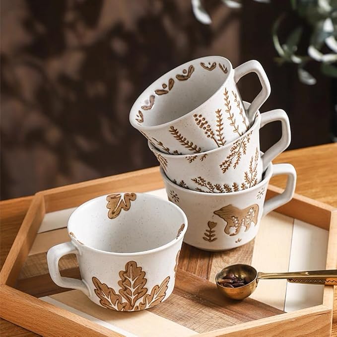 Ceramic Mug 1 pc, 11oz - Vintage Coffee Mug, Pottery Cups for Milk, Latte, Cappuccino, Tea - Porcelain Dishwasher, Microwave Safe Stoneware Gift for Women Men, Brown Leaf