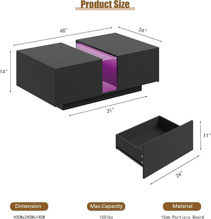 Black Led Coffee Table for Living Room, Rectangular Living Room Table with Storage, Acrylic Coffee Tables with 2 Sliding Drawers, Wood Center Table for Reception Dinning Room