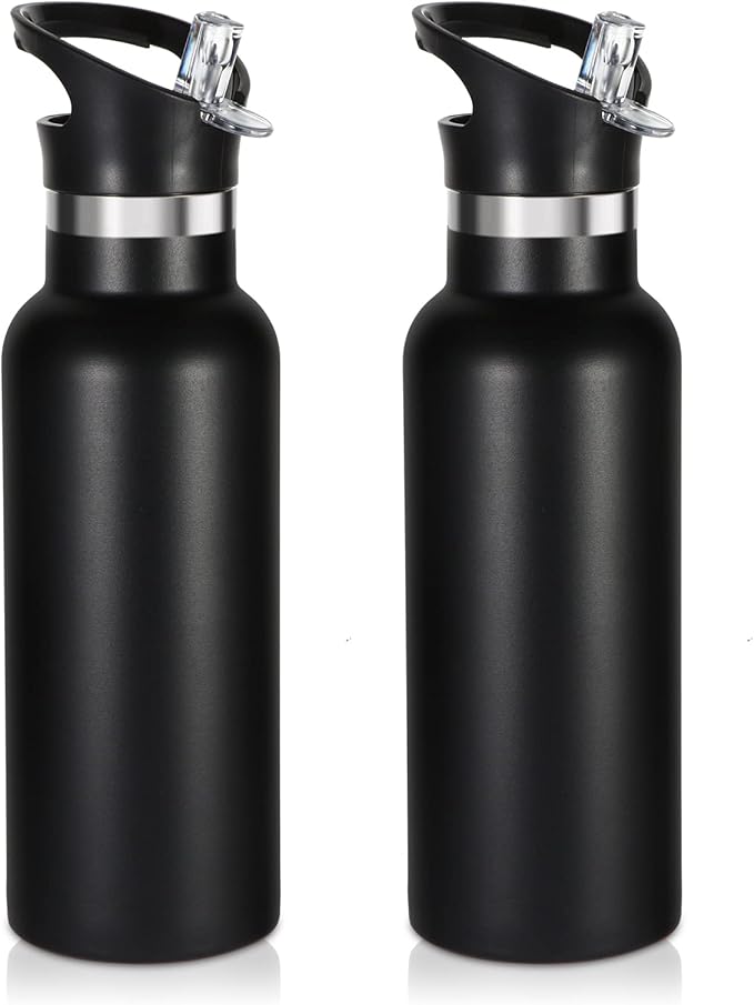 Volhoply 17oz Insulated Water Bottle Bulk 2 Pack,Stainless Steel Kids Water Bottles with Straw Lid,Double Wall Vacuum Metal Cups Water Bottle,Reusable Sports School Flask Keep Cold (Black,2 Set)