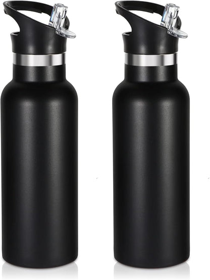 Volhoply 17oz Insulated Water Bottle Bulk 2 Pack,Stainless Steel Kids Water Bottles with Straw Lid,Double Wall Vacuum Metal Cups Water Bottle,Reusable Sports School Flask Keep Cold (Black,2 Set)