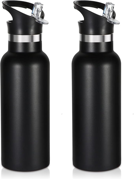 Volhoply 17oz Insulated Water Bottle Bulk 2 Pack,Stainless Steel Kids Water Bottles with Straw Lid,Double Wall Vacuum Metal Cups Water Bottle,Reusable Sports School Flask Keep Cold (Black,2 Set)