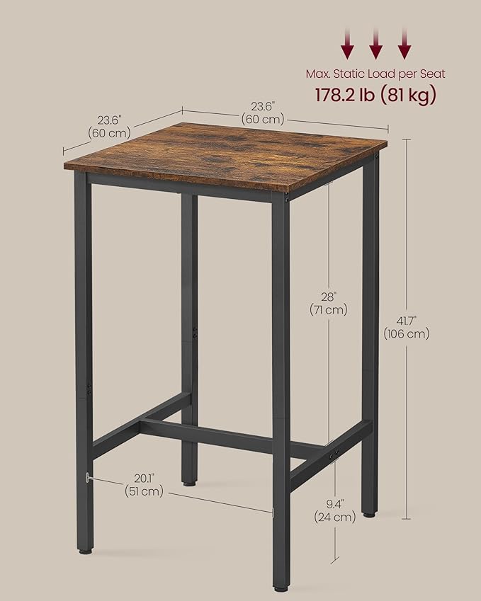 VASAGLE Bar Table, Small Kitchen Dining Table, High Top Pub Table, Height Cocktail Table for Living Room Party, Sturdy Metal Frame, 23.6 x 23.6 x 41.7 Inches for Narrow Spaces, Rustic Brown and Black