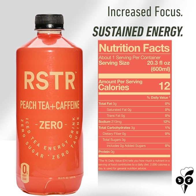 RSTR Peach Tea 12 Pack – Fruity High Energy Beverage – Natral Caffeine, Zero Added Sugar, Ultra Low Calories – Healthy Peach Tea for Adults - No Jitters, Not Carbnated and No Chrash.