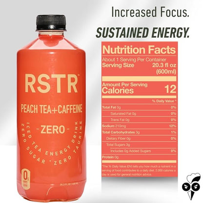 RSTR Peach Tea 12 Pack – Fruity High Energy Beverage – Natral Caffeine, Zero Added Sugar, Ultra Low Calories – Healthy Peach Tea for Adults - No Jitters, Not Carbnated and No Chrash.