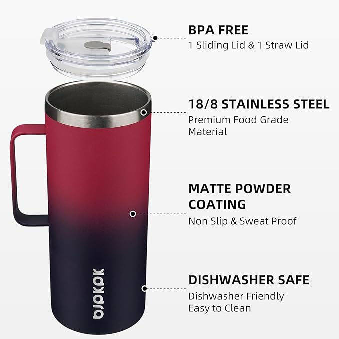 BJPKPK Insulated Coffee Mug with 2 Lids, 32oz Stainless Steel Insulated Tumbler with Handle, Double Wall Vacuum Coffee Cups, BPA Free Travel Mug for Coffee, Tea and Drinks, Charming Red & Blue