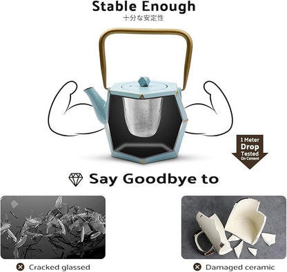 Toptier Cast Iron Teapot, Stovetop Safe Japanese Cast Iron Tea Kettle, Diamond Design Tea Pot with Removable Infuser for Loose Tea, 30 Ounce (900 ml), Blue