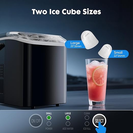 Sweetcrispy Countertop Ice Maker Machine, Portable Self-Cleaning Ice Machine with Ice Scoop, Basket and Handle, 9 Cubes in 6 Mins, 26.5lbs/24Hrs, 2 Sizes of Bullet Ice for Home Kitchen, Coal Black