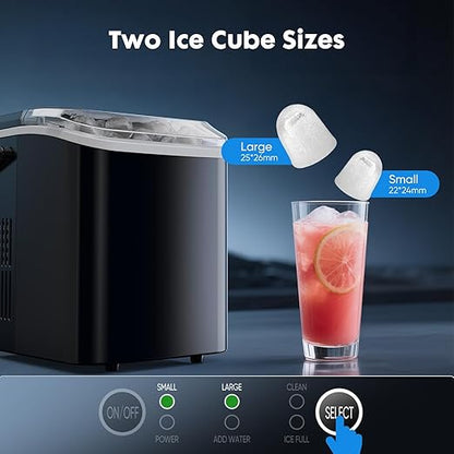 Sweetcrispy Countertop Ice Maker Machine, Portable Self-Cleaning Ice Machine with Ice Scoop, Basket and Handle, 9 Cubes in 6 Mins, 26.5lbs/24Hrs, 2 Sizes of Bullet Ice for Home Kitchen, Coal Black