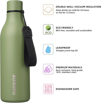 BJPKPK Insulated Water Bottles, 25 oz Stainless Steel Metal Water Bottle with Strap, BPA Free Leak Proof Jugs, Mugs, Flasks, Reusable Thermal Flasks for Sports & Travel, Forest Green