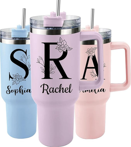 Personalized 40 Oz Tumbler with Handle and Straw, Custom Cup with Name & Birth Flower, Stainless Steel Travel Coffee Tumbler,Personalized Christmas Birthday Gifts for Women, Teen Girls