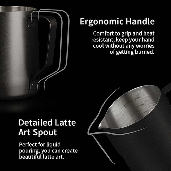 watchget Milk Frothing Pitcher 32oz/900ml - Stainless Steel Frothing Pitcher Espresso Steaming Pitcher Coffee Frother Cup Cappuccino Latte Art Coffee Machine Accessories Milk Jug, Black