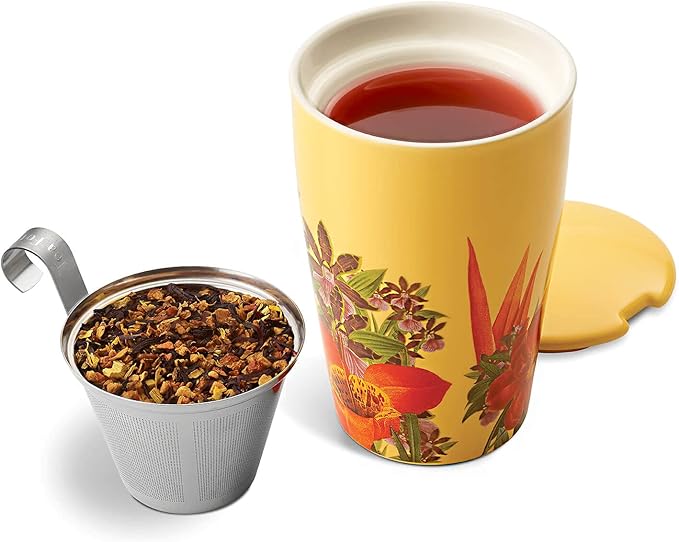 Tea Forte Paradis Double-Walled Ceramic Kati Cup with Removable Stainless Steel Infuser Basket and Lid, Steeps 12 oz Loose Leaf Tea, Lid and Cup Dishwasher & Microwave Safe