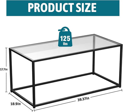 Glass Coffee Table Modern Center Table,Minimalist Coffee Table for Living Room,Tempered Glass-top with Sturdy Metal Frame, Easy Assembly,Black