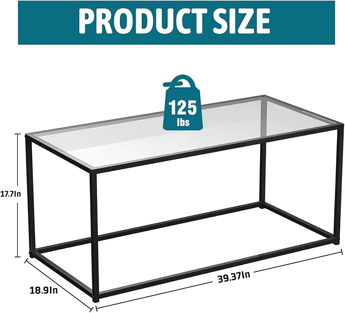Glass Coffee Table Modern Center Table,Minimalist Coffee Table for Living Room,Tempered Glass-top with Sturdy Metal Frame, Easy Assembly,Black