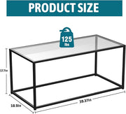 Glass Coffee Table Modern Center Table,Minimalist Coffee Table for Living Room,Tempered Glass-top with Sturdy Metal Frame, Easy Assembly,Black