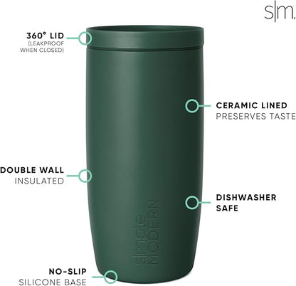 Simple Modern Travel Coffee Mug Tumbler with 360° Lid | Ceramic-Lined Insulated Stainless Steel Cold Brew Iced Coffee Cup Thermos | Gifts for Women Men Her Him | Voyager Signature | 16oz | Forest