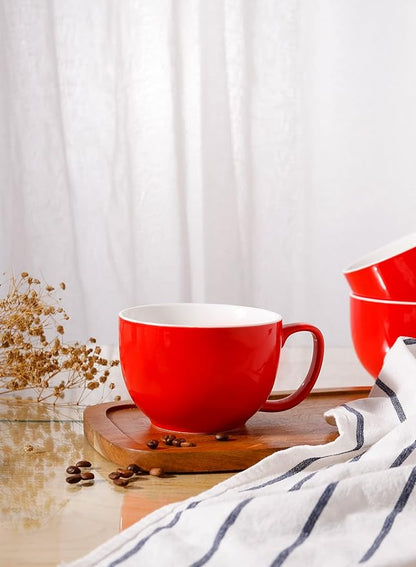 Teocera 16oz Large Coffee Mugs Set of 4 - Thick White Porcelain Cups for Cappuccino, Latte, Tea & Hot Chocolate - Dishwasher Safe Ceramic with Comfort Grip Handles (Red)