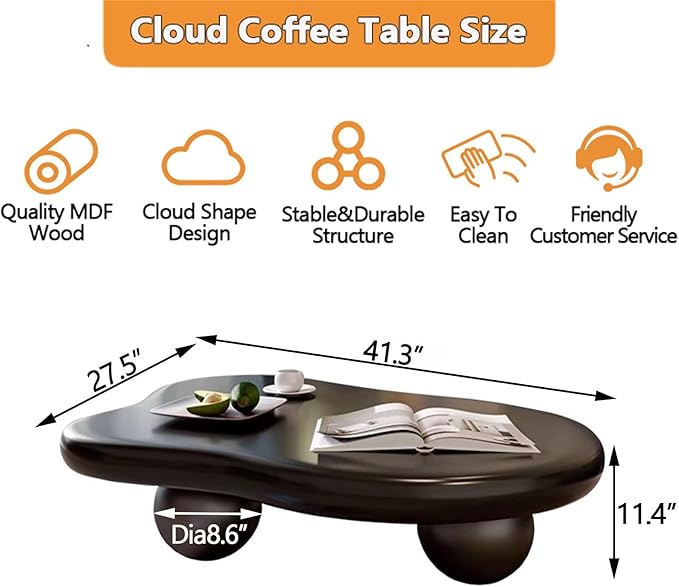 Cute Cloud Coffee Table, Modern Coffee Tables for Living Room, Easy Assembly, Round Edge Irregular Tea Table End Table, Funky Contemporary Low Coffee Table for Bedroom (Black Cloud, L41)
