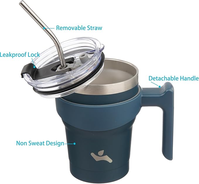 10 oz Tumbler with Handle and 2 Straw 2 Lid, Insulated Water Bottle Stainless Steel Vacuum Cup Reusable Travel Mug, Navy Blue