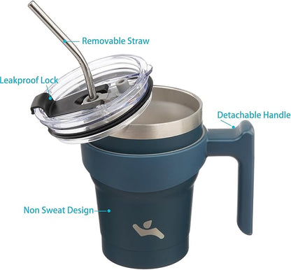 10 oz Tumbler with Handle and 2 Straw 2 Lid, Insulated Water Bottle Stainless Steel Vacuum Cup Reusable Travel Mug, Navy Blue