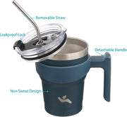 10 oz Tumbler with Handle and 2 Straw 2 Lid, Insulated Water Bottle Stainless Steel Vacuum Cup Reusable Travel Mug, Navy Blue