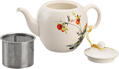 Teapot with Infuser Ceramic Tea Pot with Removable Stainless Steel Fliter for Loose Tea 15.80 OZ/450ml (1-2cups) Teapots for Tea Coffee Milk for Office Home Men Women White(Persimmon)