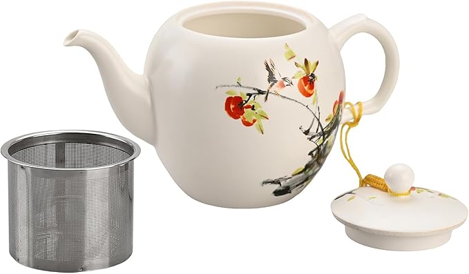 Teapot with Infuser Ceramic Tea Pot with Removable Stainless Steel Fliter for Loose Tea 15.80 OZ/450ml (1-2cups) Teapots for Tea Coffee Milk for Office Home Men Women White(Persimmon)
