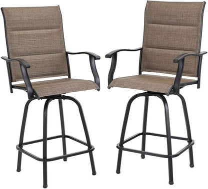 PHI VILLA Outdoor Swivel Bar Stools Set of 2, High Top Patio Chairs with Padded Textilene Seating, All-Weather Bar Height Furniture for Kitchen or Outside, Padded Brown Textilene