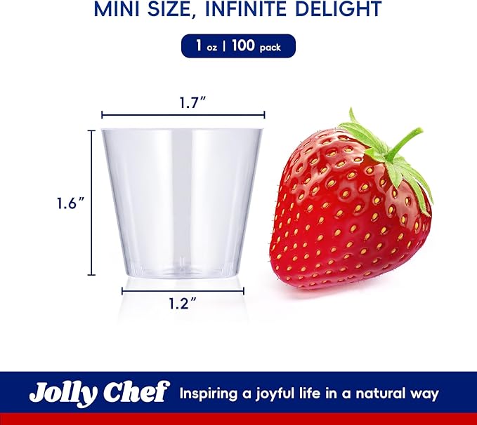 JOLLY CHEF 100 Pack Small Plastic Shot Glasses 1 oz Disposable Cups 1 Ounce Tasting Cups Ideal for Whiskey, Wine Tasting, Food Samples