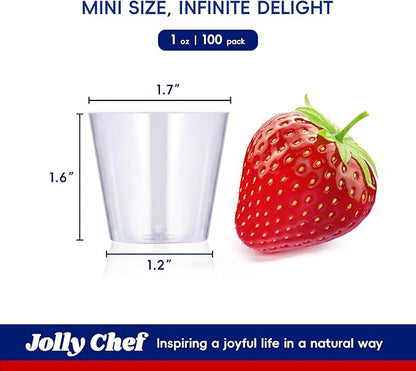 JOLLY CHEF 100 Pack Small Plastic Shot Glasses 1 oz Disposable Cups 1 Ounce Tasting Cups Ideal for Whiskey, Wine Tasting, Food Samples