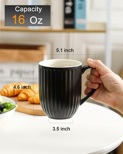 Hasense Coffee Mugs Set of 6, 16 Oz Large Ceramic Ribbed Latte Cups with Big Handle for Coffee, Tea and Cocoa, Modern Design & Light Weight, Microwave & Dishwasher Safe, Black