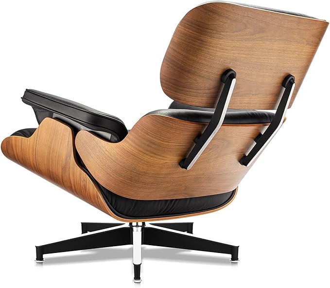 Top Black Grain Leather, Mid Century Chaise Lounge Chair and Ottoman, Modern Chair Classic Design, Heavy Duty Base Support for Living Room Study Lounge Office (Tall, Walnut-Black)