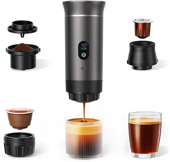3-in-1 Portable Espresso Machine for Travel & Camping- 20 Bar Self-Heating Portable Coffee Maker with USB-C LED Display Car Coffee Maker, Compatible with Grounds&Capsules(Ns&DG) for RV, Hiking, Office
