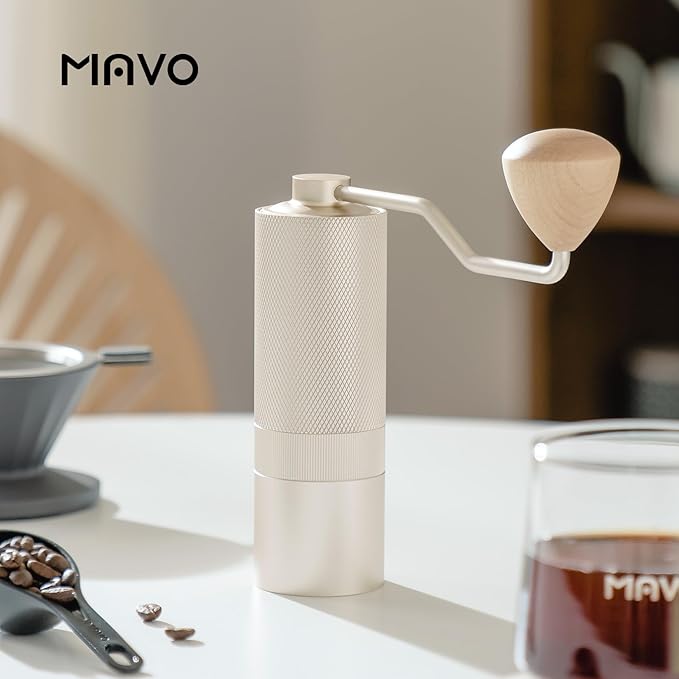MAVO Manual Coffee Grinder, Wizard Hand Coffee Grinder, Capacity 25g with 2PCS CNC Stainless Steel Conical Burr -Pentagon and Hexagonal, Burr Coffee Bean Grinder for French Press, Pour Over, Silver