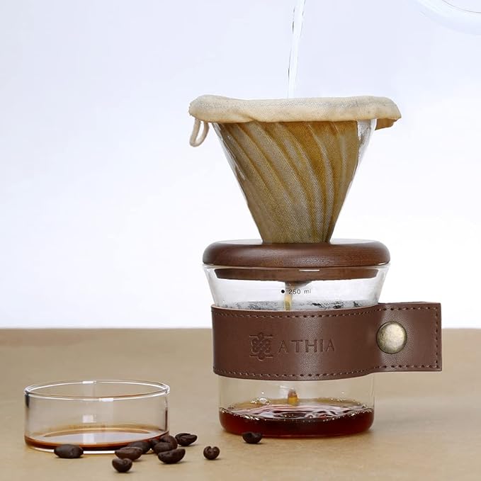 THIA Glass Pour Over Coffee Dripper Set, Glass Cone Dripper, Reusable Cloth Filter, Leather Cup Sleeve, Minimal Single Cup on the Go (Walnut Wood)