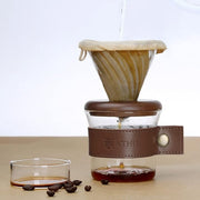THIA Glass Pour Over Coffee Dripper Set, Glass Cone Dripper, Reusable Cloth Filter, Leather Cup Sleeve, Minimal Single Cup on the Go (Walnut Wood)